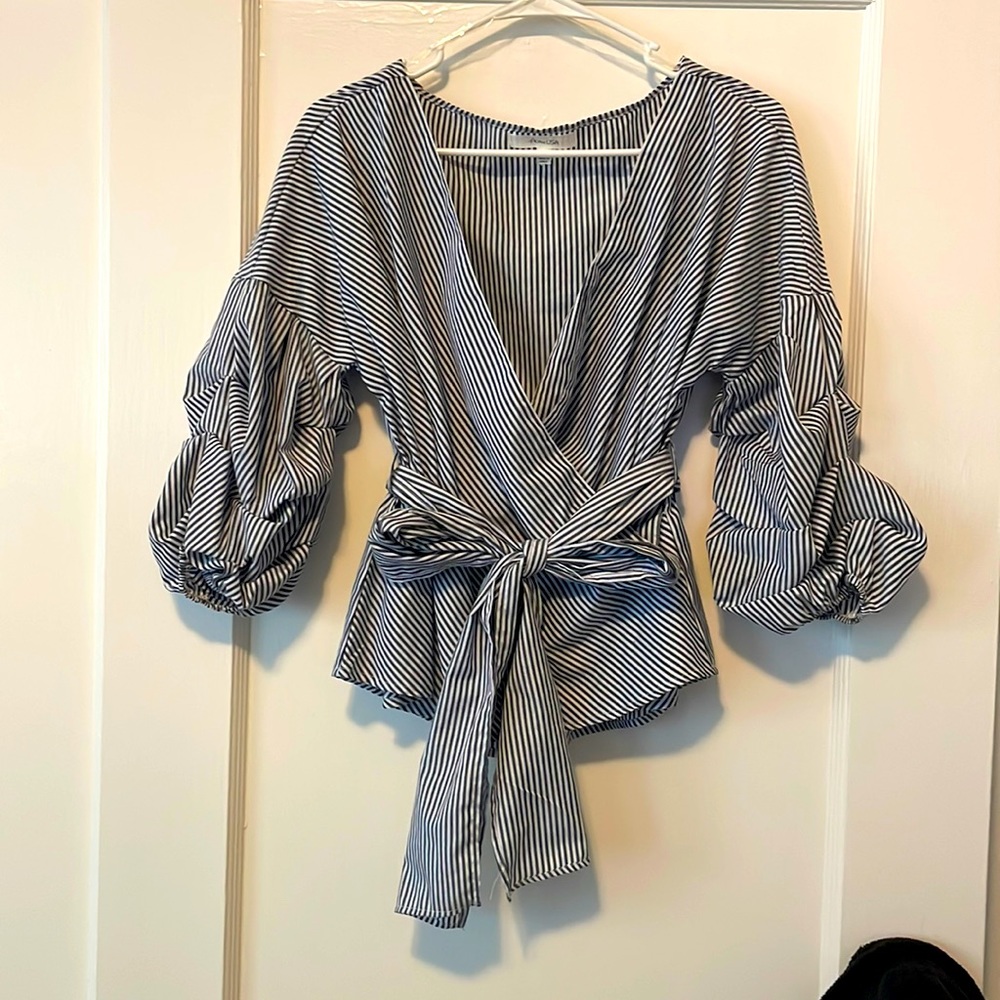 Blue and white striped blouse with waist-tie